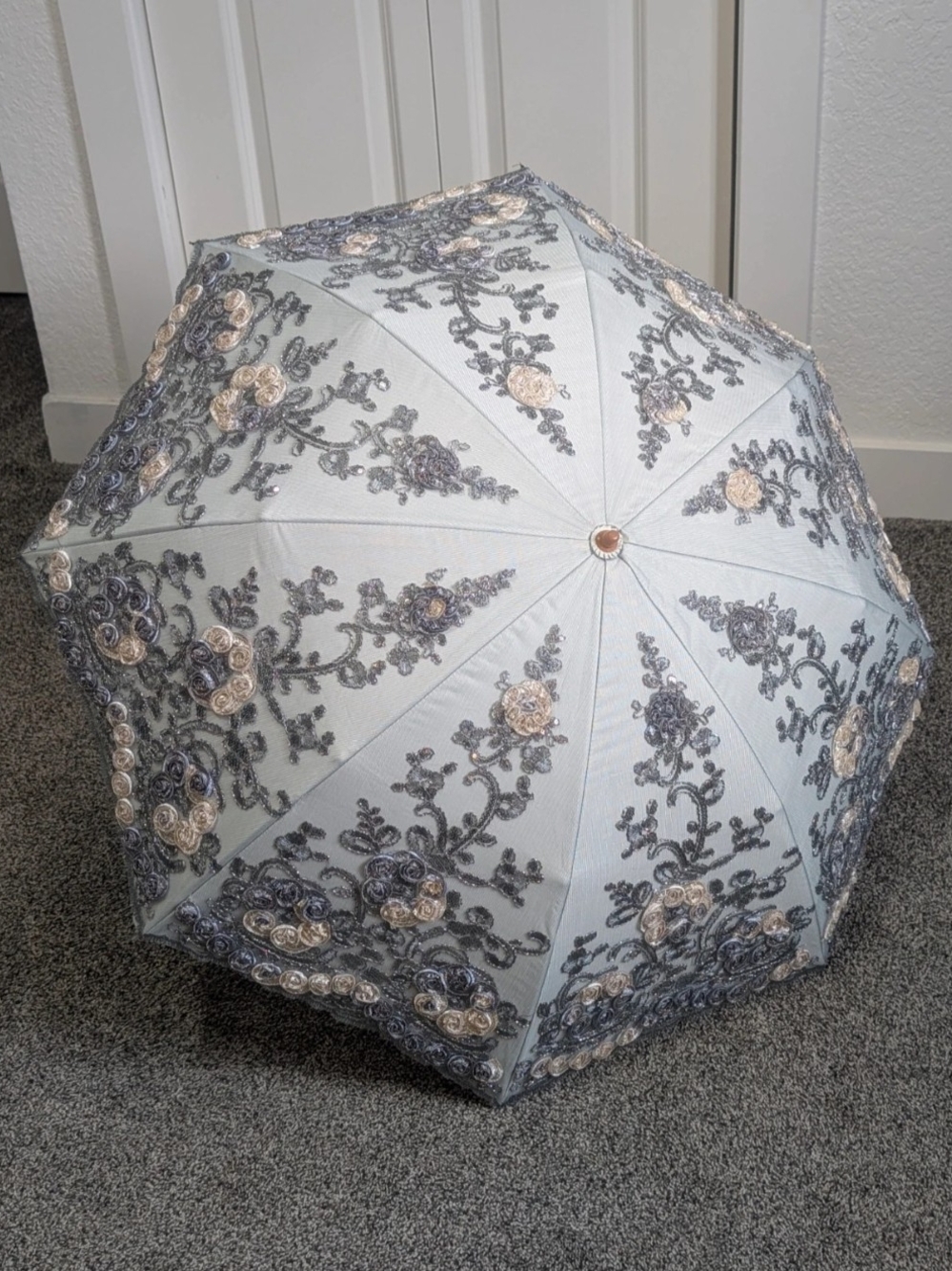 Elegant Gray Folding Parasol with 3D Floral Lace Embroidery & Sequins Wedding